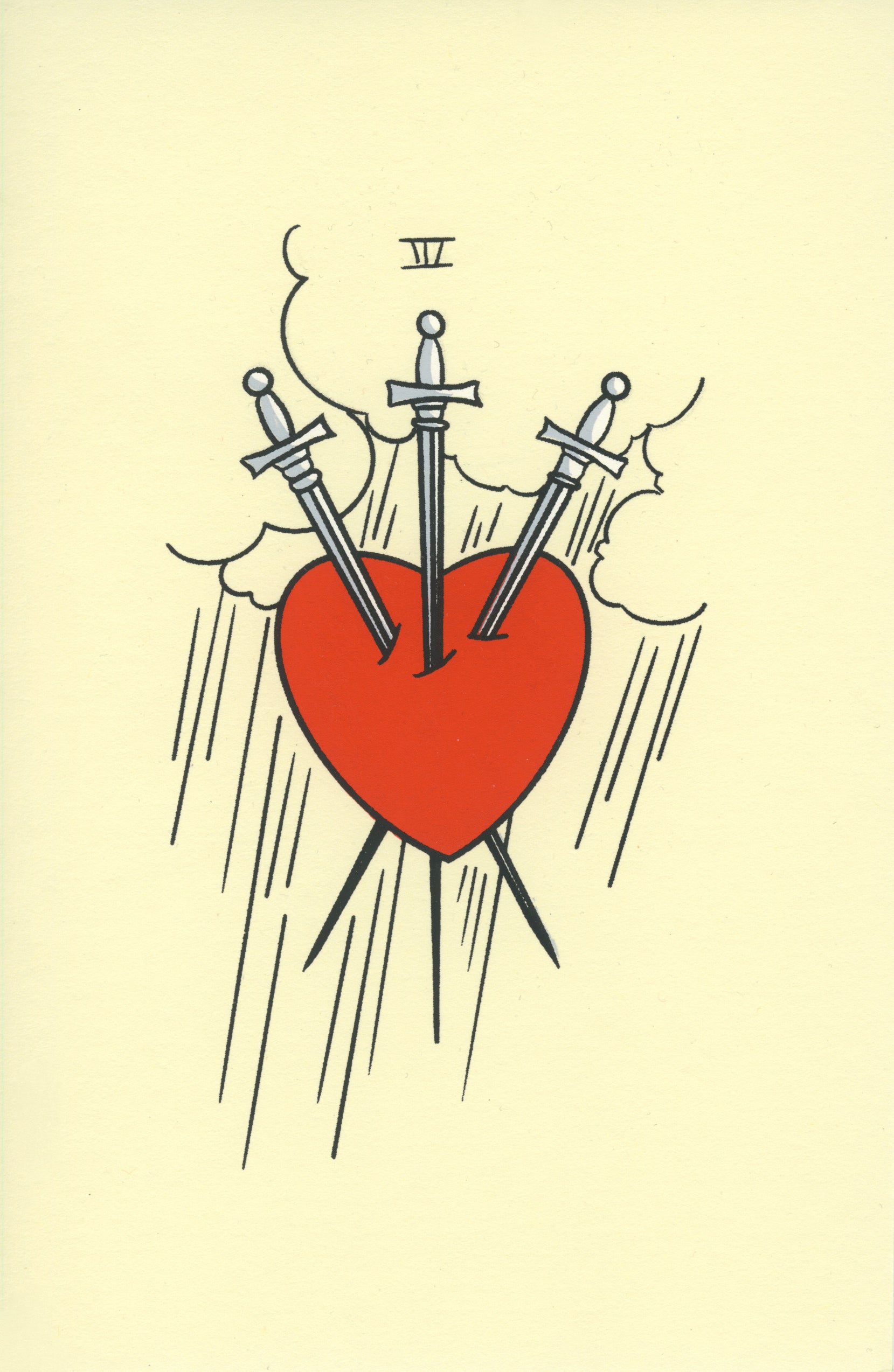 A cream colored piece of paper with a line drawing of a red heart being pierced by three swords.
