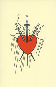 A cream colored piece of paper with a line drawing of a red heart being pierced by three swords.