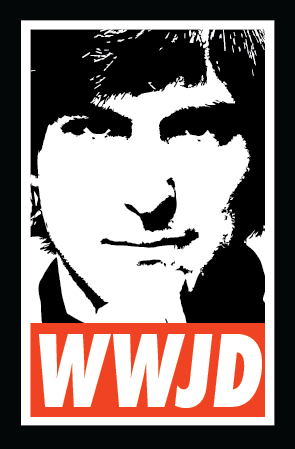 A black and white depiction of Steve Jobs with the letters "W W J D" inside a red box below it.