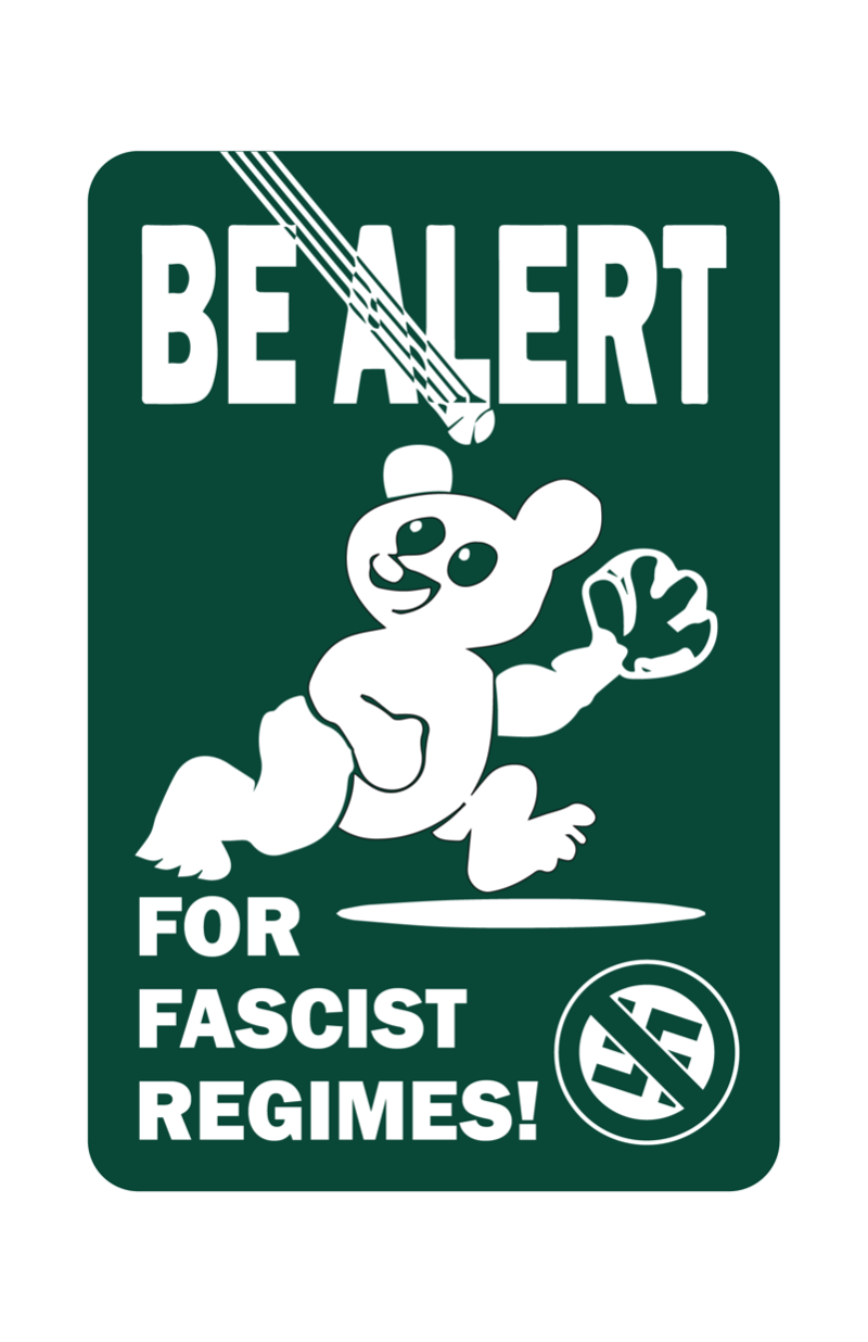 A parody image of the Cubs "Be Alert for Foul Balls" poster with the text "Be Alert for Fascist Regimes" and an anti-swastika symbol.