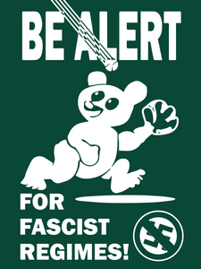 A parody image of the Cubs "Be Alert for Foul Balls" poster with the text "Be Alert for Fascist Regimes" and an anti-swastika symbol.