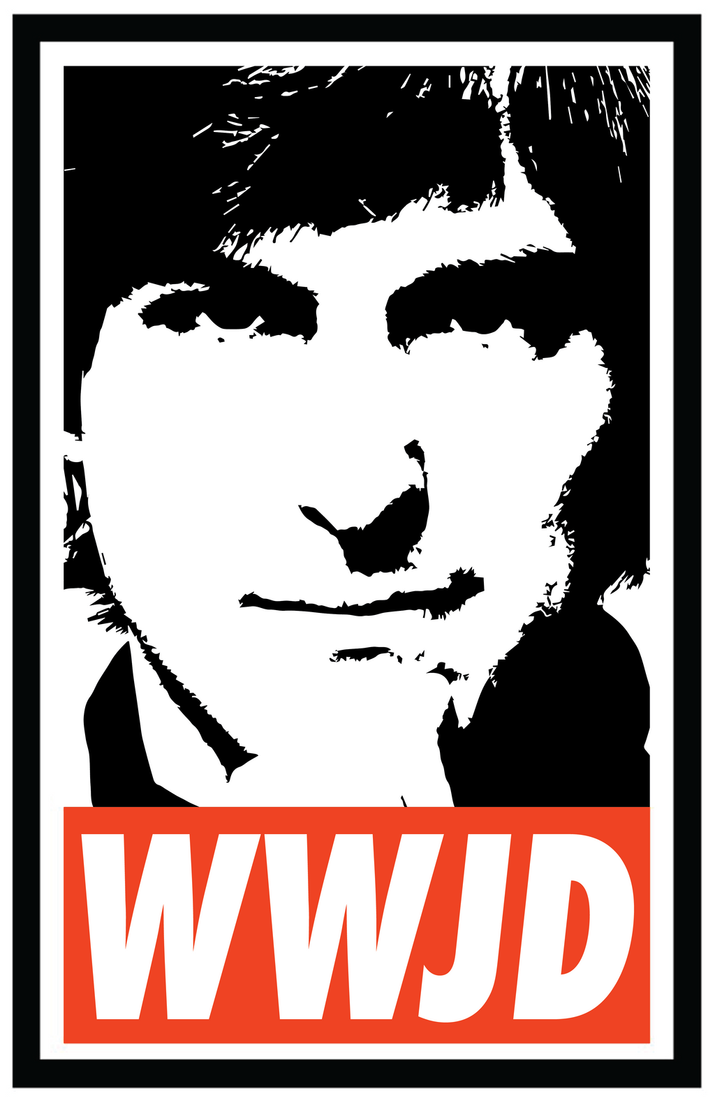 A black and white depiction of Steve Jobs with the letters "W W J D" inside a red box below it.
